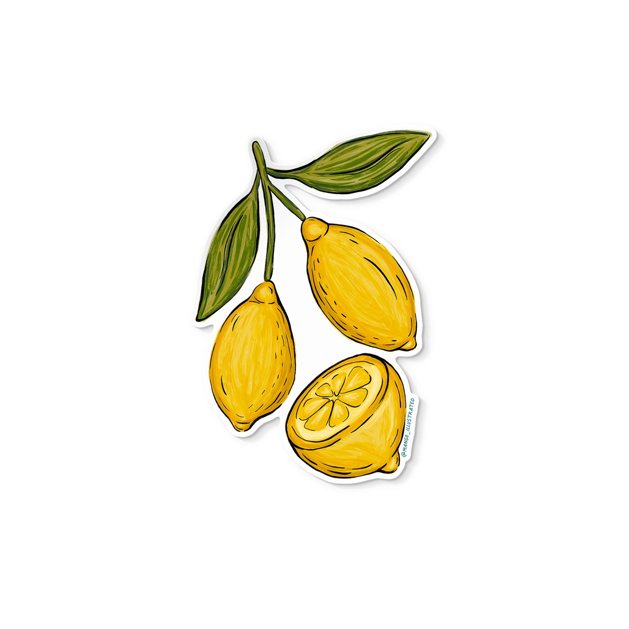 Vinyl sticker with hand-drawn lemons and a lemon slice with green leaves.