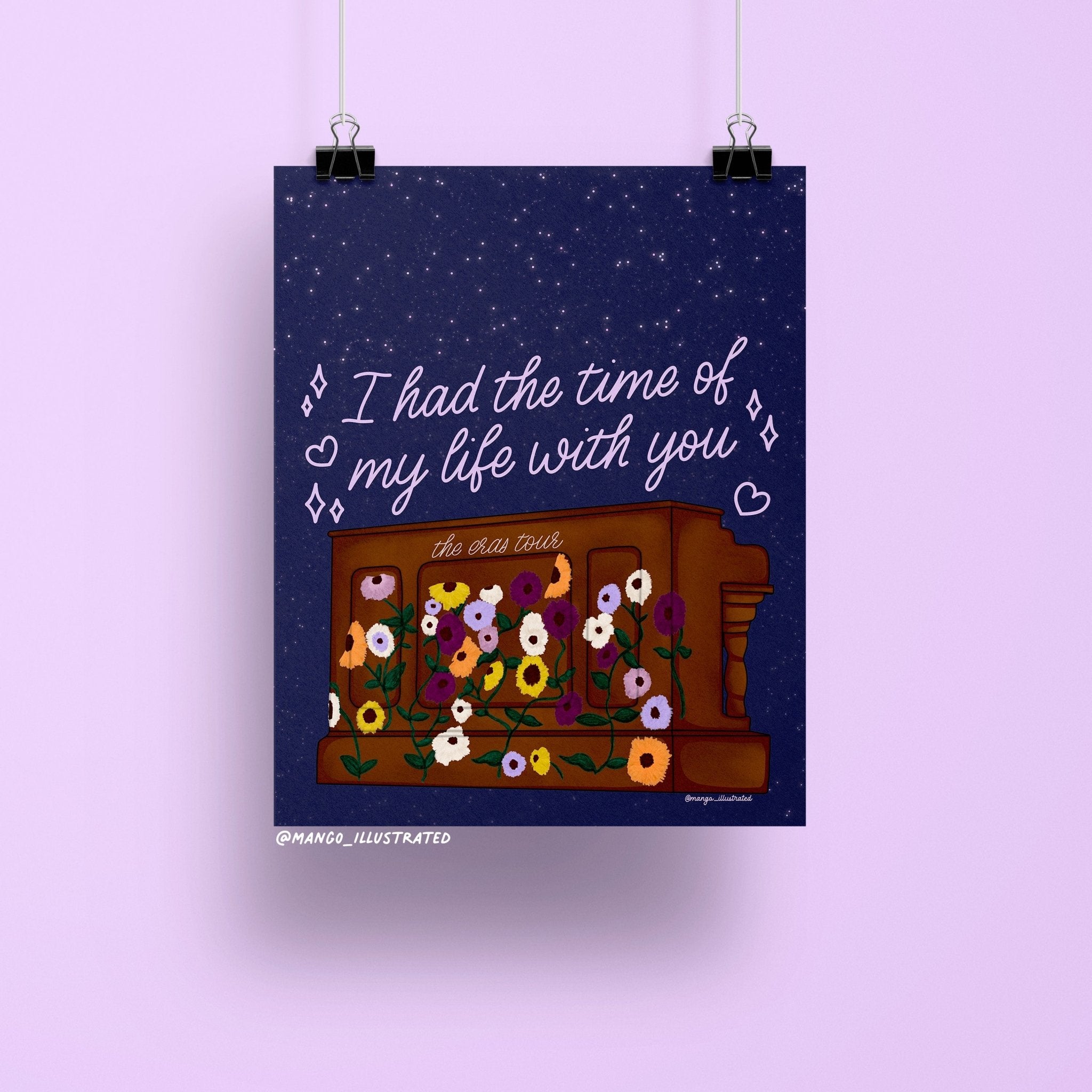 8x10 art print of a floral-covered piano labeled “the eras tour” under a starry night sky with the phrase “I had the time of my life with you”