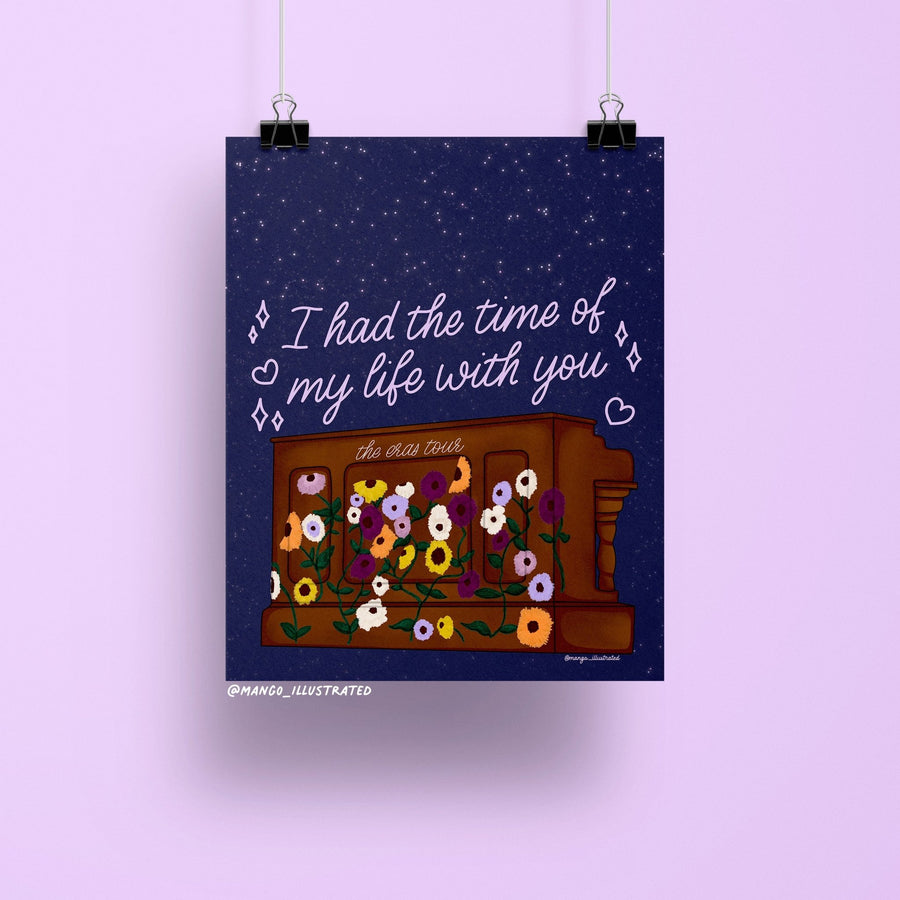 8x10 art print of a floral-covered piano labeled “the eras tour” under a starry night sky with the phrase “I had the time of my life with you”