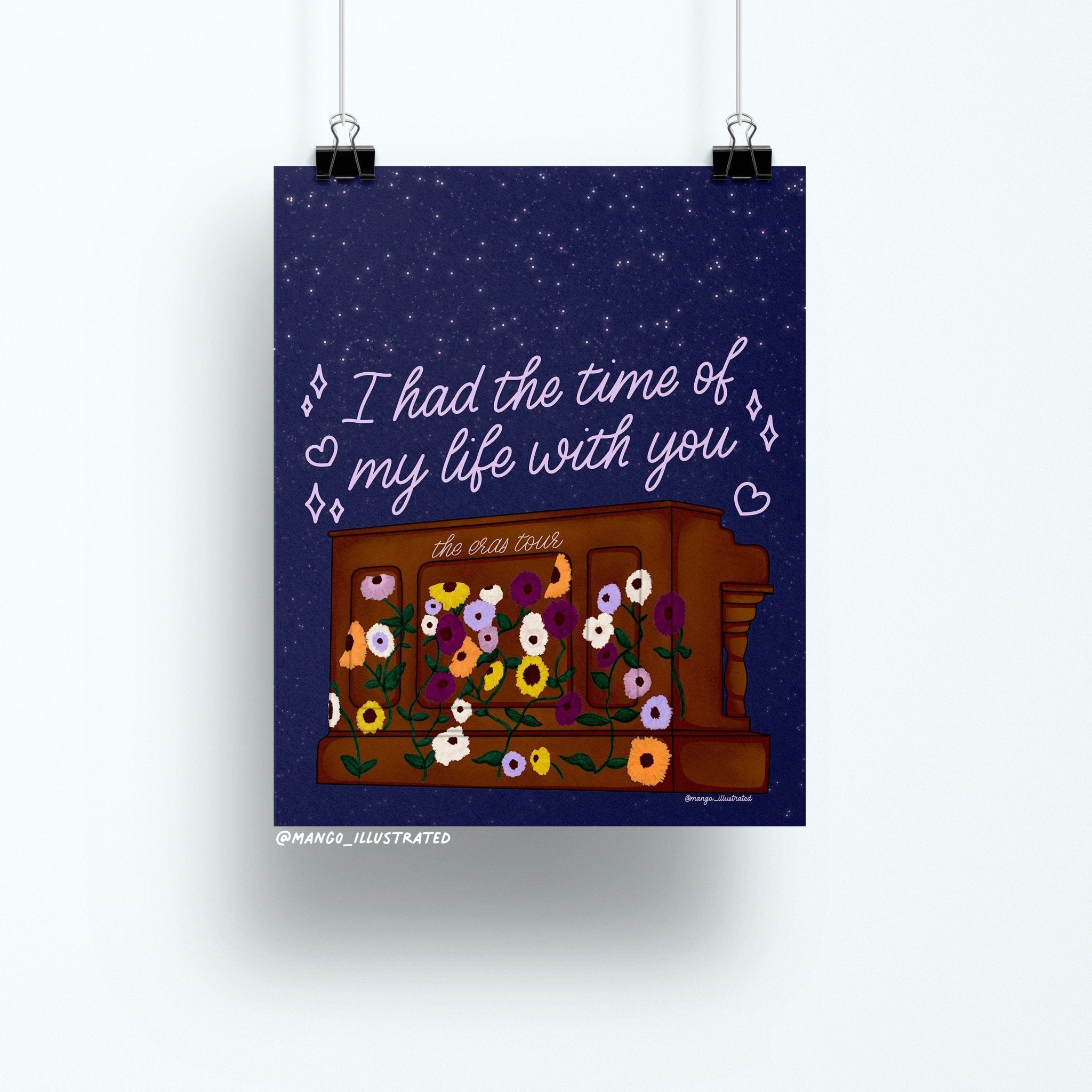 8x10 art print of a floral-covered piano labeled “the eras tour” under a starry night sky with the phrase “I had the time of my life with you”
