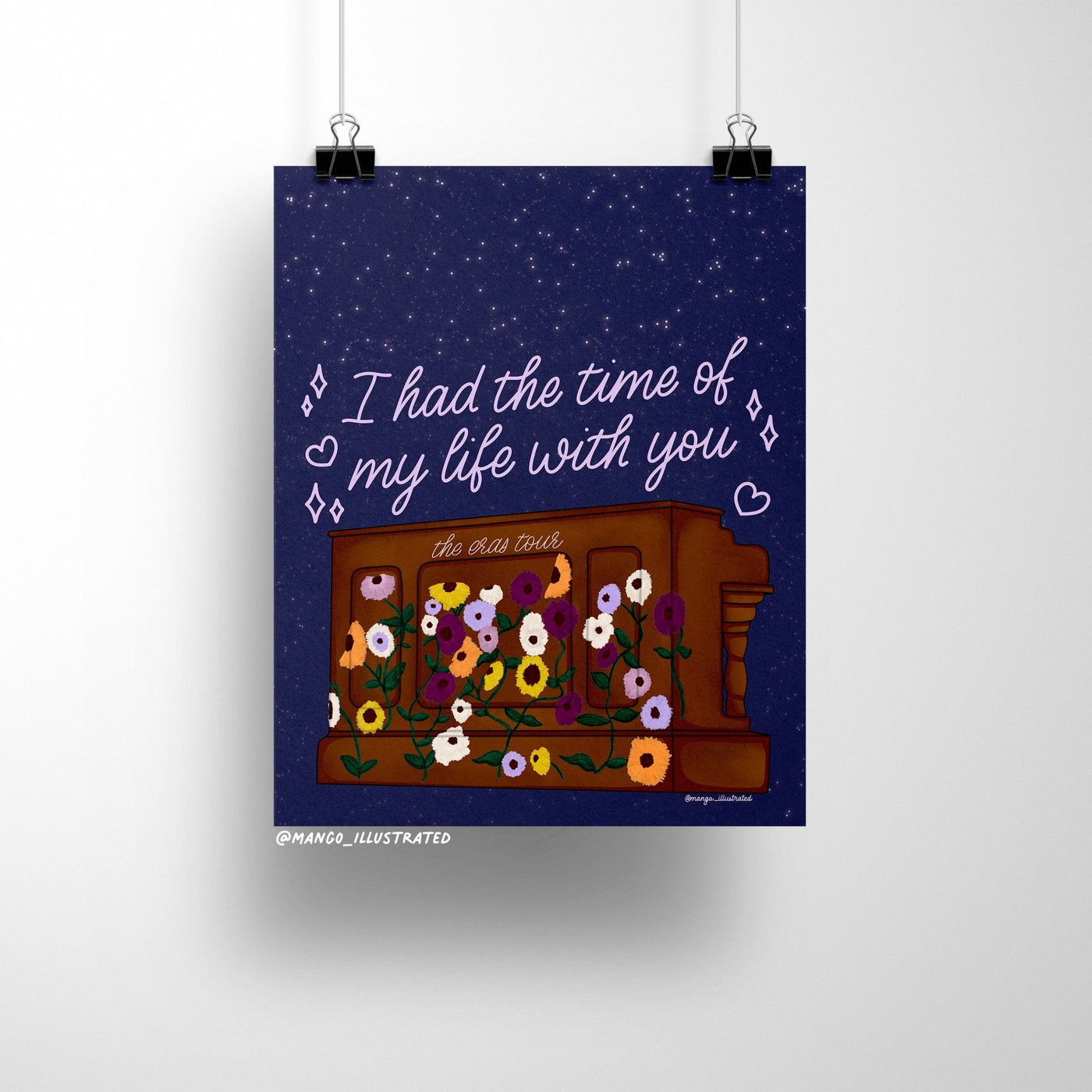 8x10 art print of a floral-covered piano labeled “the eras tour” under a starry night sky with the phrase “I had the time of my life with you”