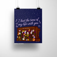 8x10 art print of a floral-covered piano labeled “the eras tour” under a starry night sky with the phrase “I had the time of my life with you”