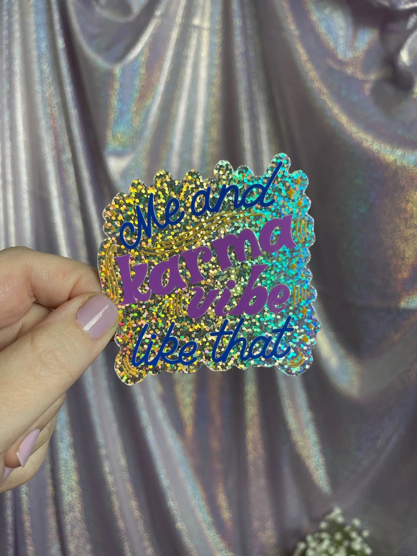 Me and Karma Vibe Like That fuchsia holographic glitter sticker - MangoIllustrated - Sticker