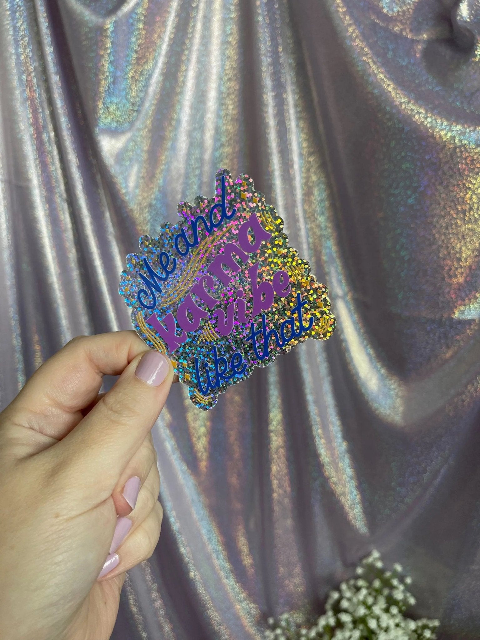 Me and Karma Vibe Like That fuchsia holographic glitter sticker - MangoIllustrated - Sticker