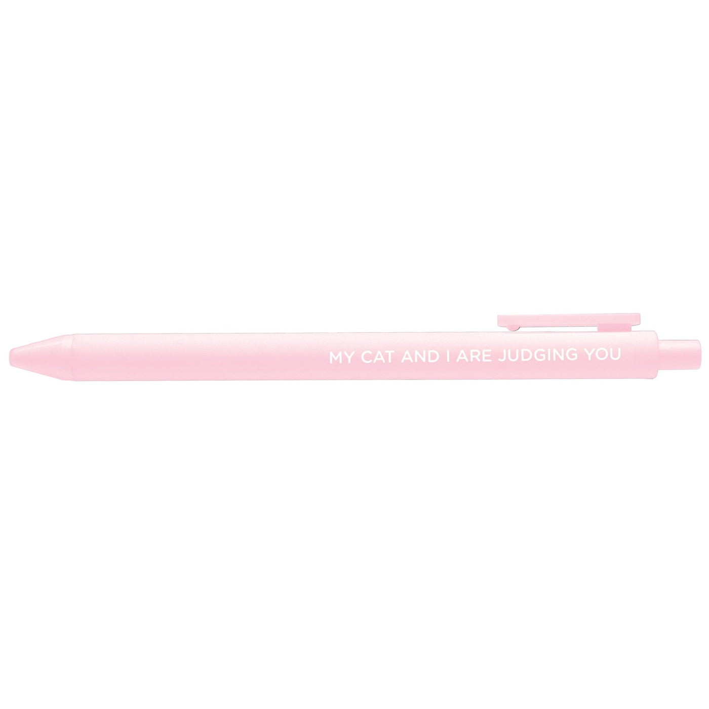 Pink pen with text on a white background