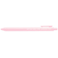 Pink pen with text on a white background