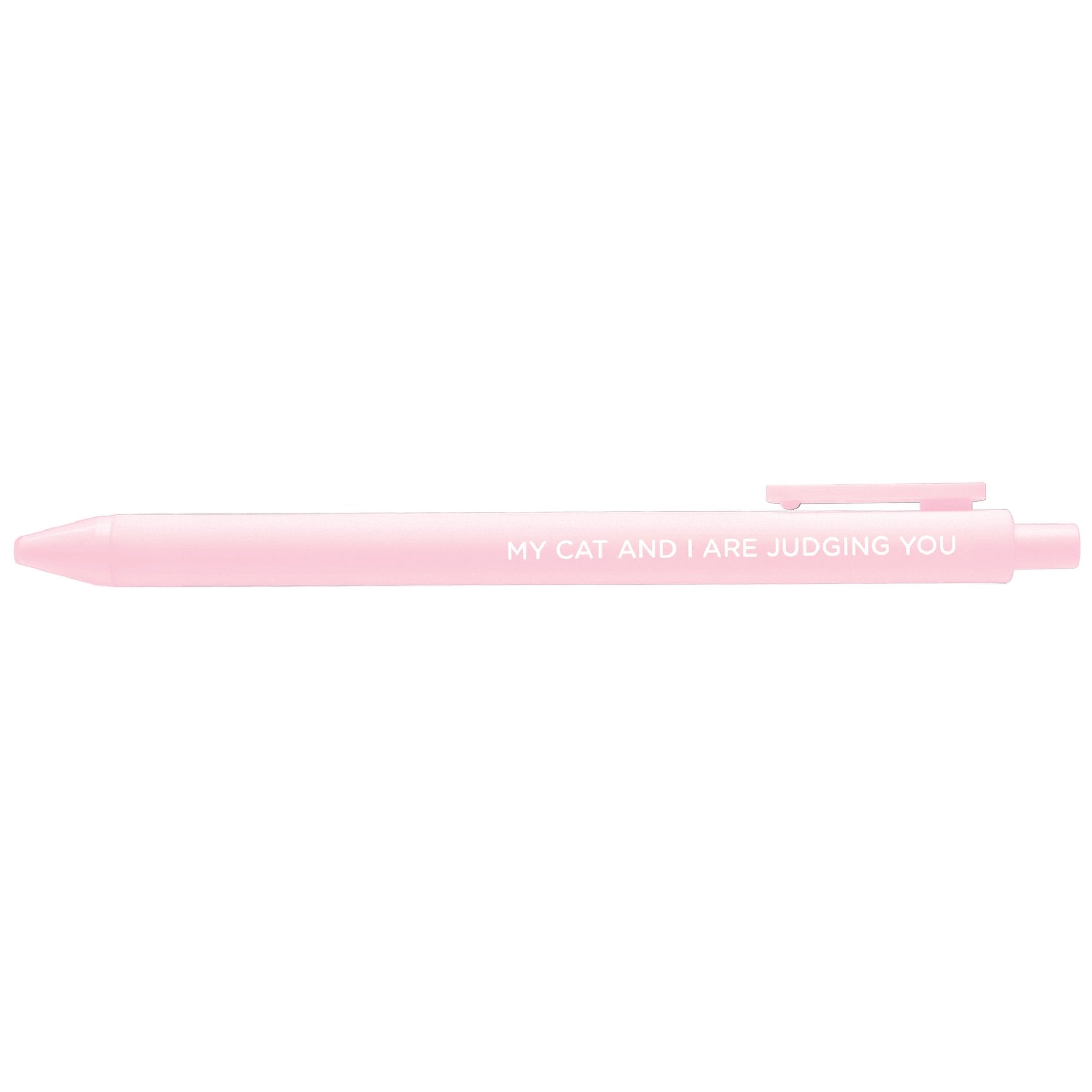 Pink pen with text on a white background