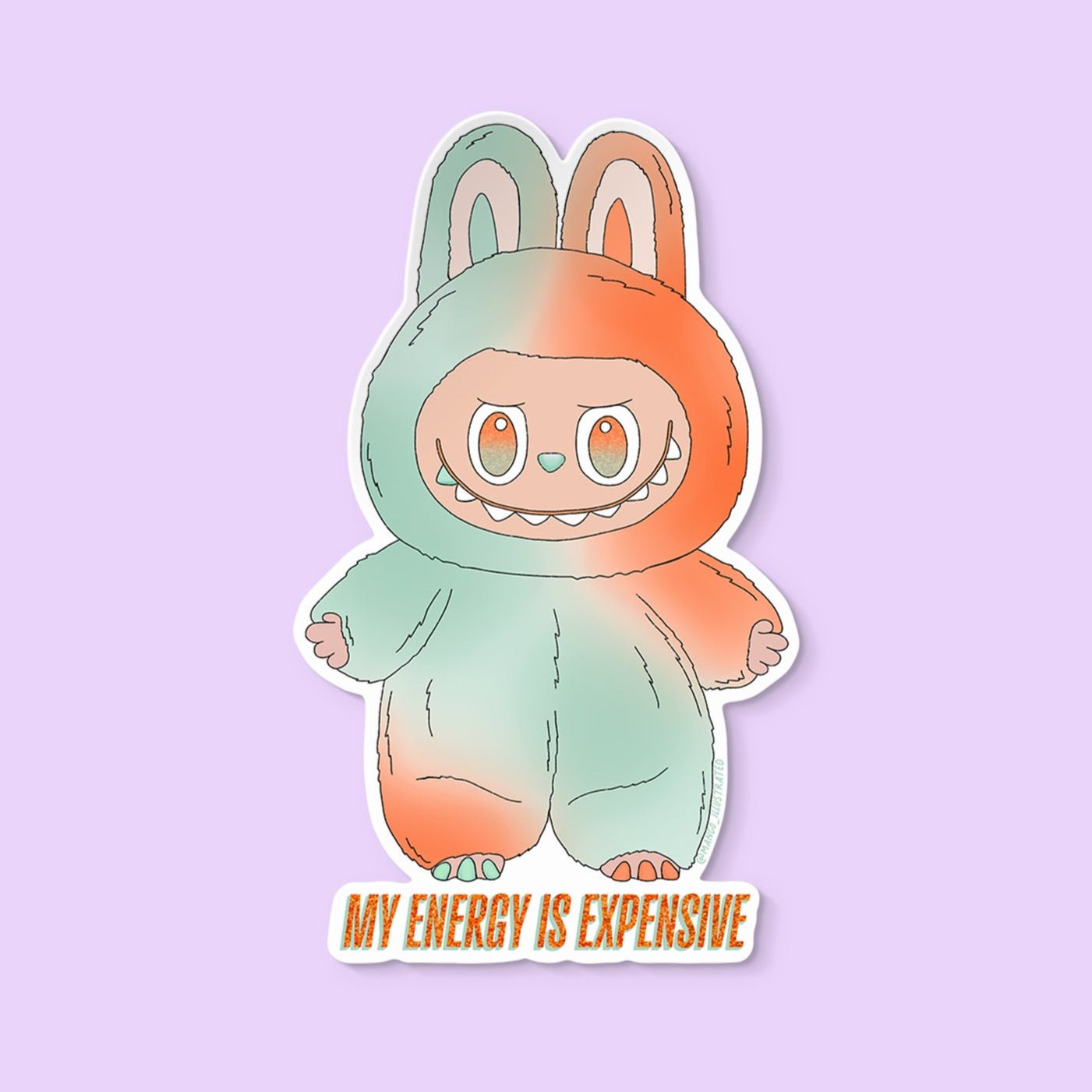 Cartoon character in a green and orange outfit with 'My Energy is Expensive' text on a white background