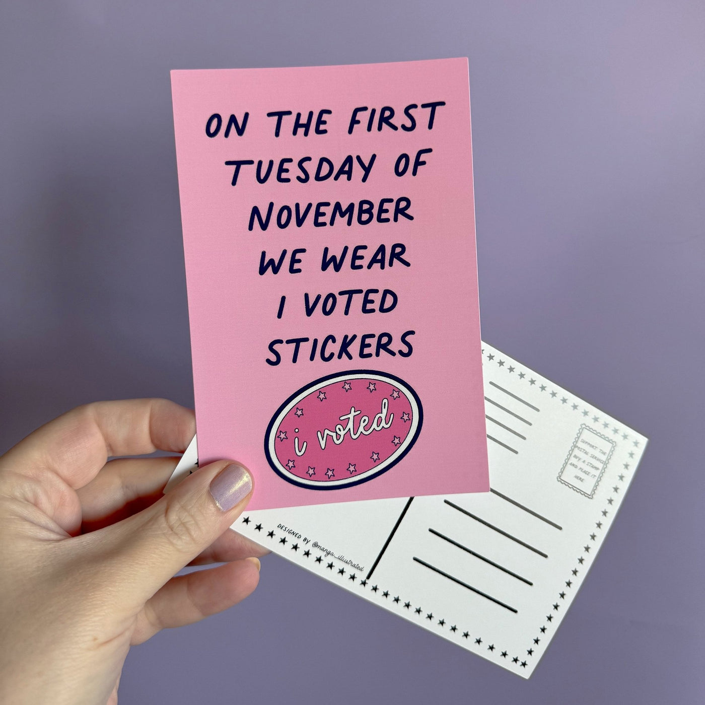 On the first Tuesday of November we wear I voted stickers postcard - MangoIllustrated - Postcard