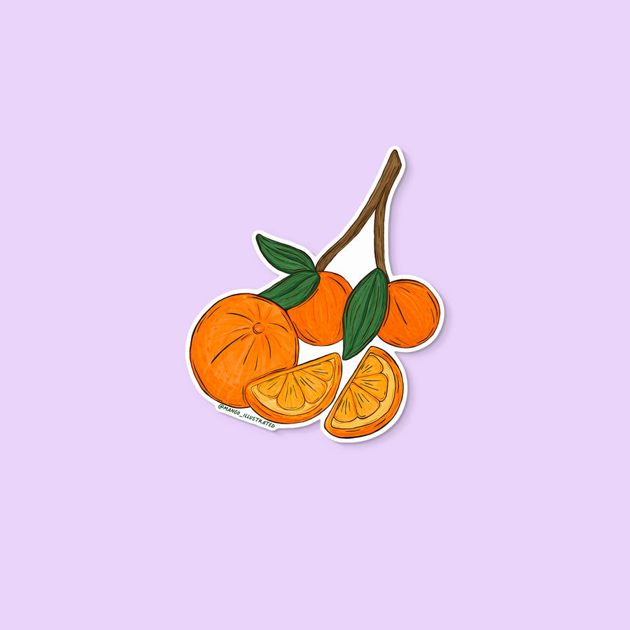Vinyl sticker featuring a hand-drawn illustration of oranges with green leaves and citrus slices.