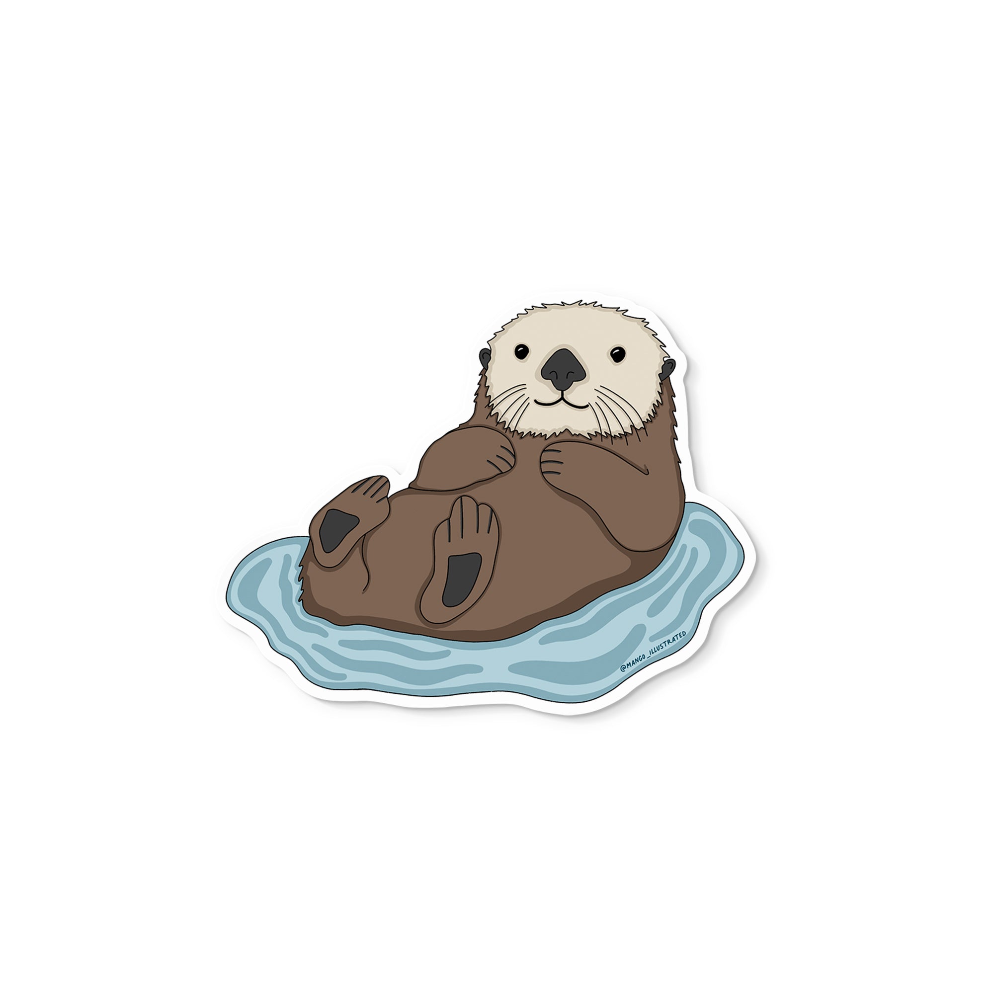 Illustrated vinyl sticker of a cute otter floating on its back in blue water.