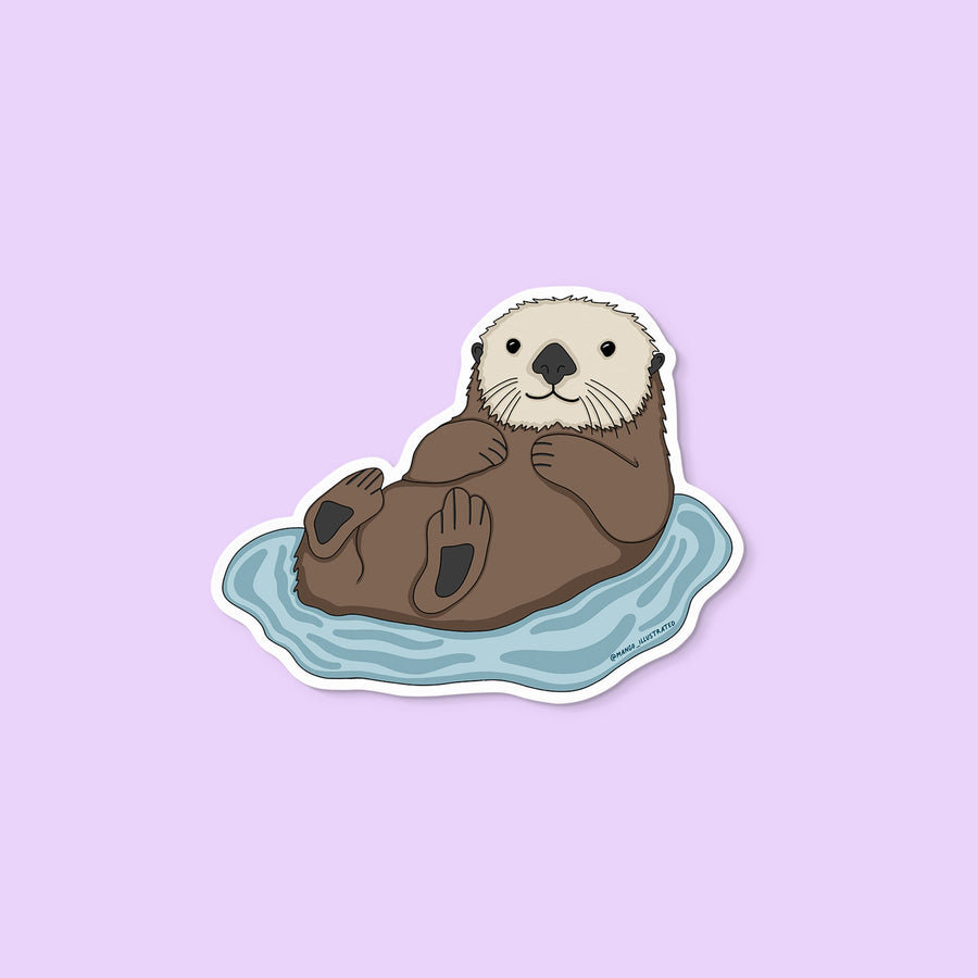 Illustrated vinyl sticker of a cute otter floating on its back in blue water.