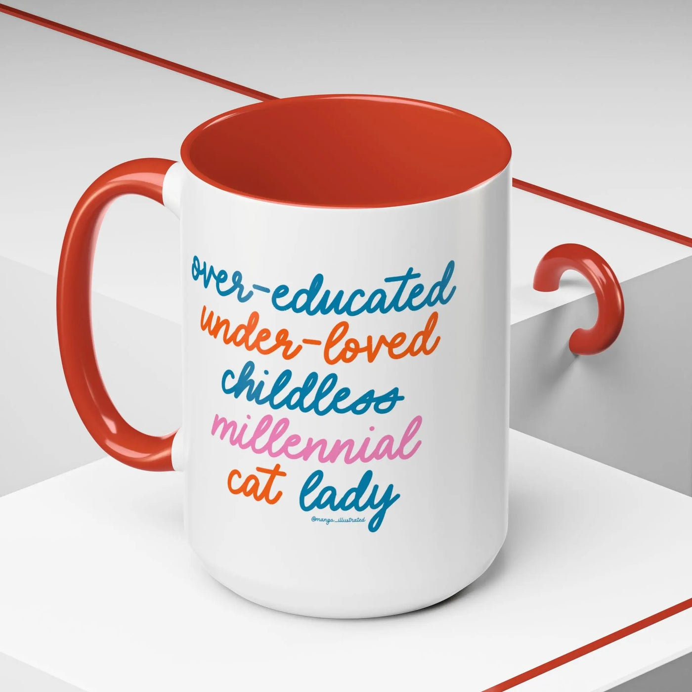 Over - educated under - loved childless millennial Cat Lady Mug - MangoIllustrated - Mug