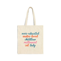 Over - educated under - loved childless millennial Cat Lady Tote Bag - MangoIllustrated - Bags