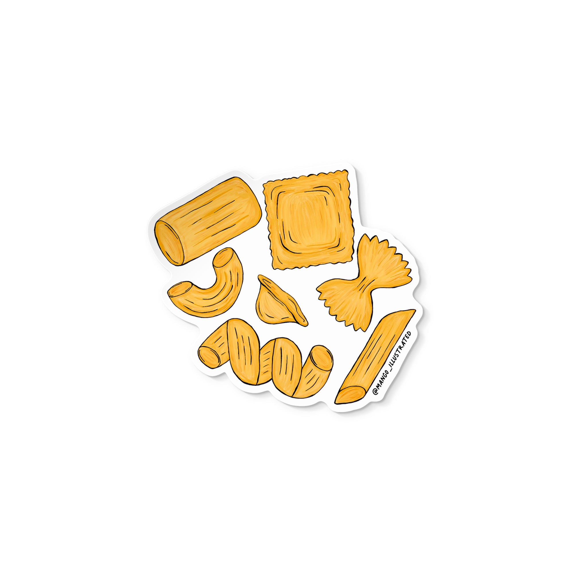 Vinyl sticker illustration of assorted pasta shapes including penne, rigatoni, ravioli, farfalle, cavatappi, orecchiette, and macaroni.