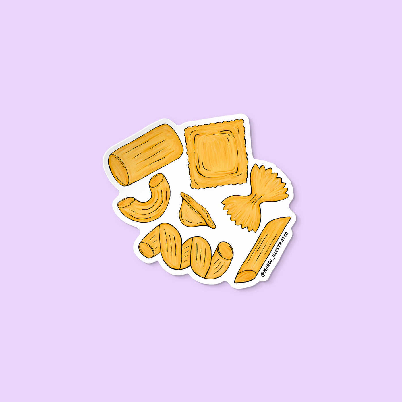 Vinyl sticker illustration of assorted pasta shapes including penne, rigatoni, ravioli, farfalle, cavatappi, orecchiette, and macaroni.