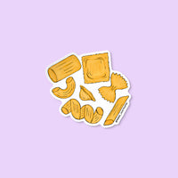Vinyl sticker illustration of assorted pasta shapes including penne, rigatoni, ravioli, farfalle, cavatappi, orecchiette, and macaroni.