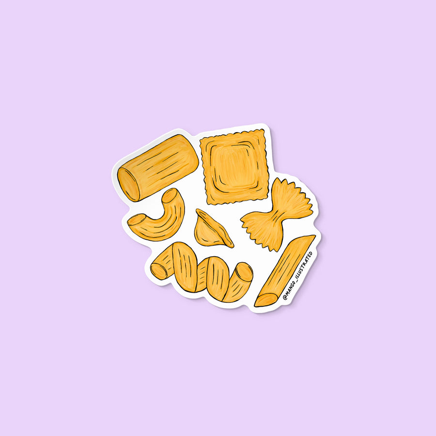 Vinyl sticker illustration of assorted pasta shapes including penne, rigatoni, ravioli, farfalle, cavatappi, orecchiette, and macaroni.
