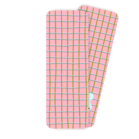 Pink plaid bookmark with green, light blue, and navy stripes