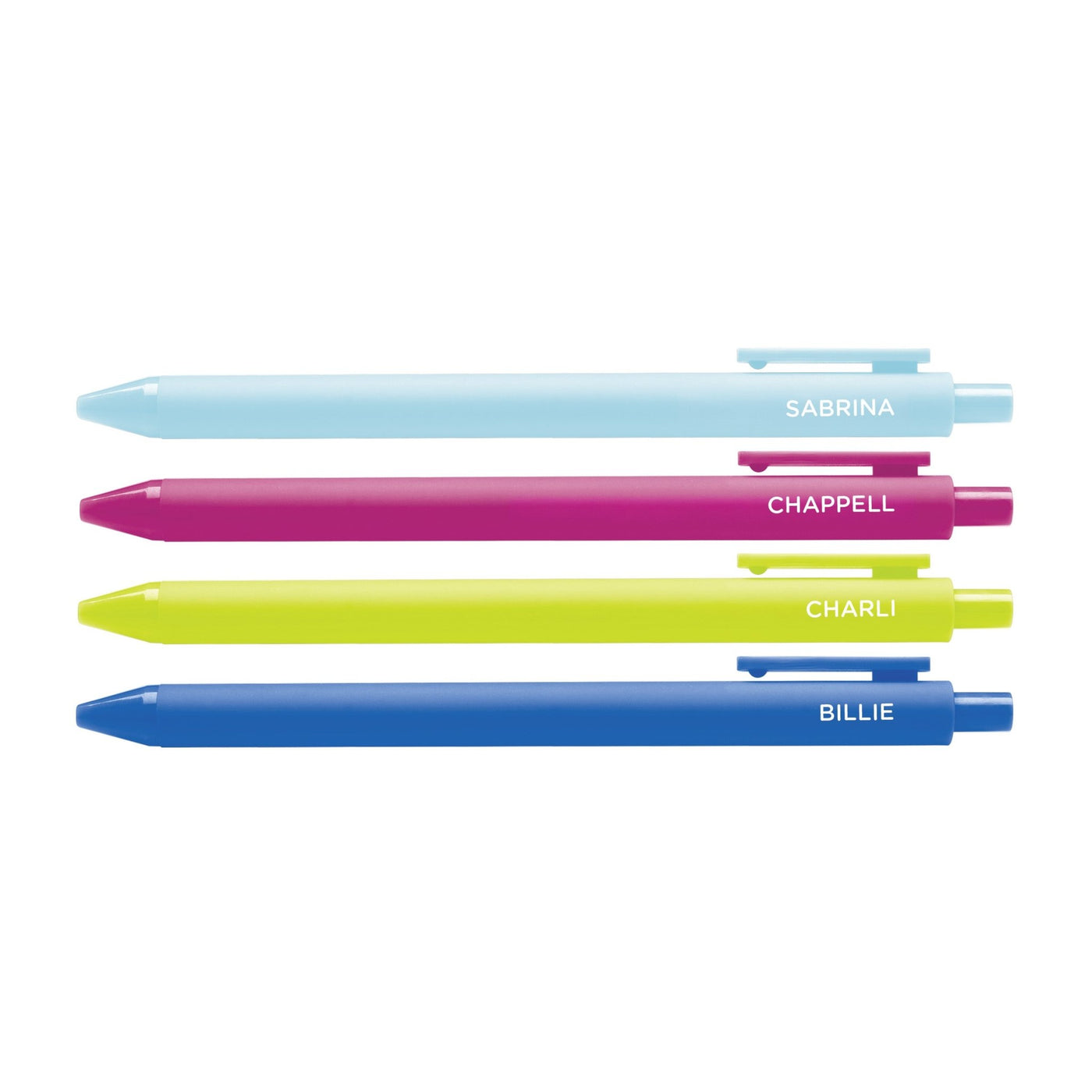 Set of four colorful pop culture pens labeled “SABRINA” in light blue, “CHAPPELL” in hot pink, “CHARLI” in neon yellow, and “BILLIE” in electric blue.