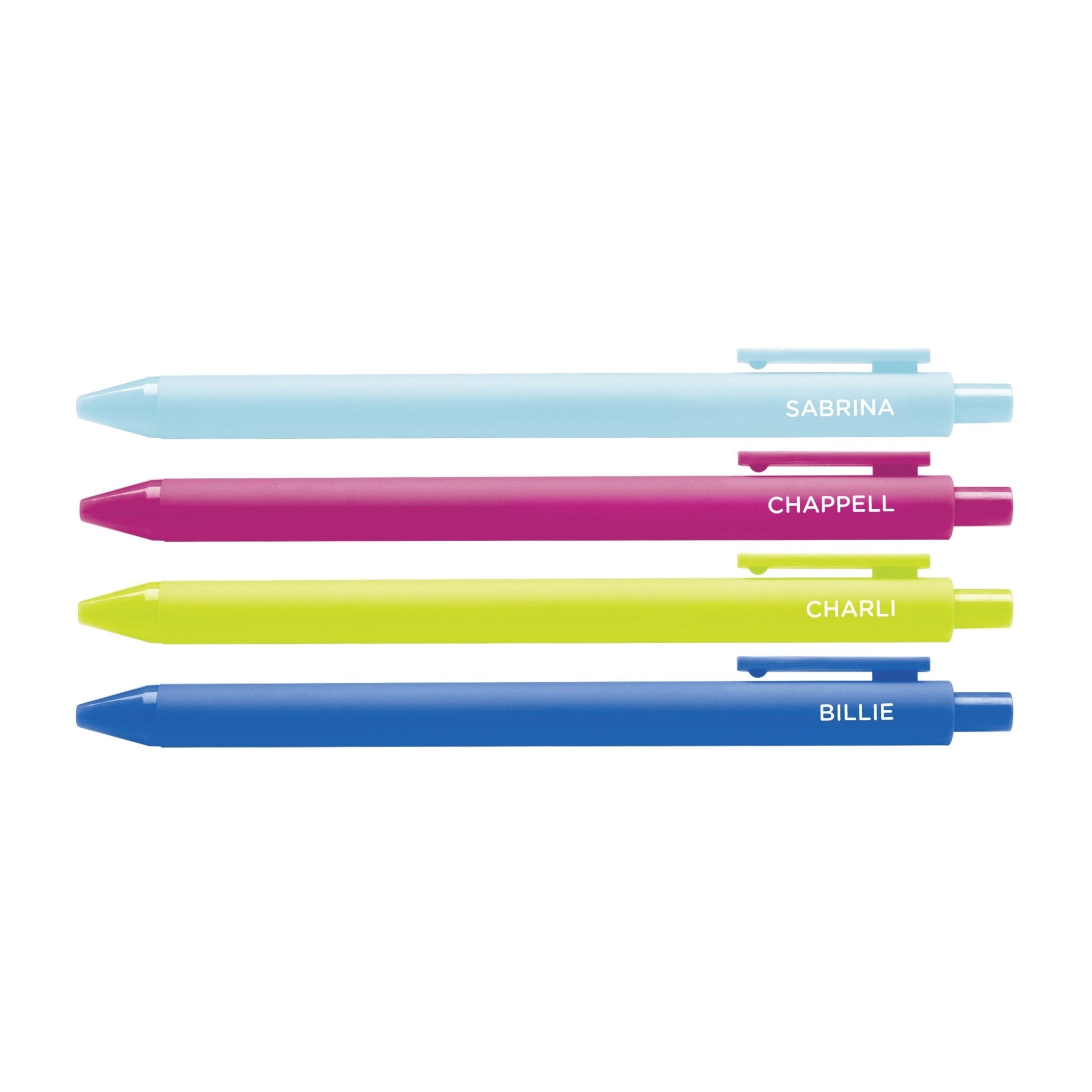 Set of four colorful pop culture pens labeled “SABRINA” in light blue, “CHAPPELL” in hot pink, “CHARLI” in neon yellow, and “BILLIE” in electric blue.