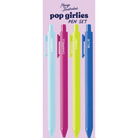 Set of four colorful pop culture pens labeled “SABRINA” in light blue, “CHAPPELL” in hot pink, “CHARLI” in neon yellow, and “BILLIE” in electric blue.
