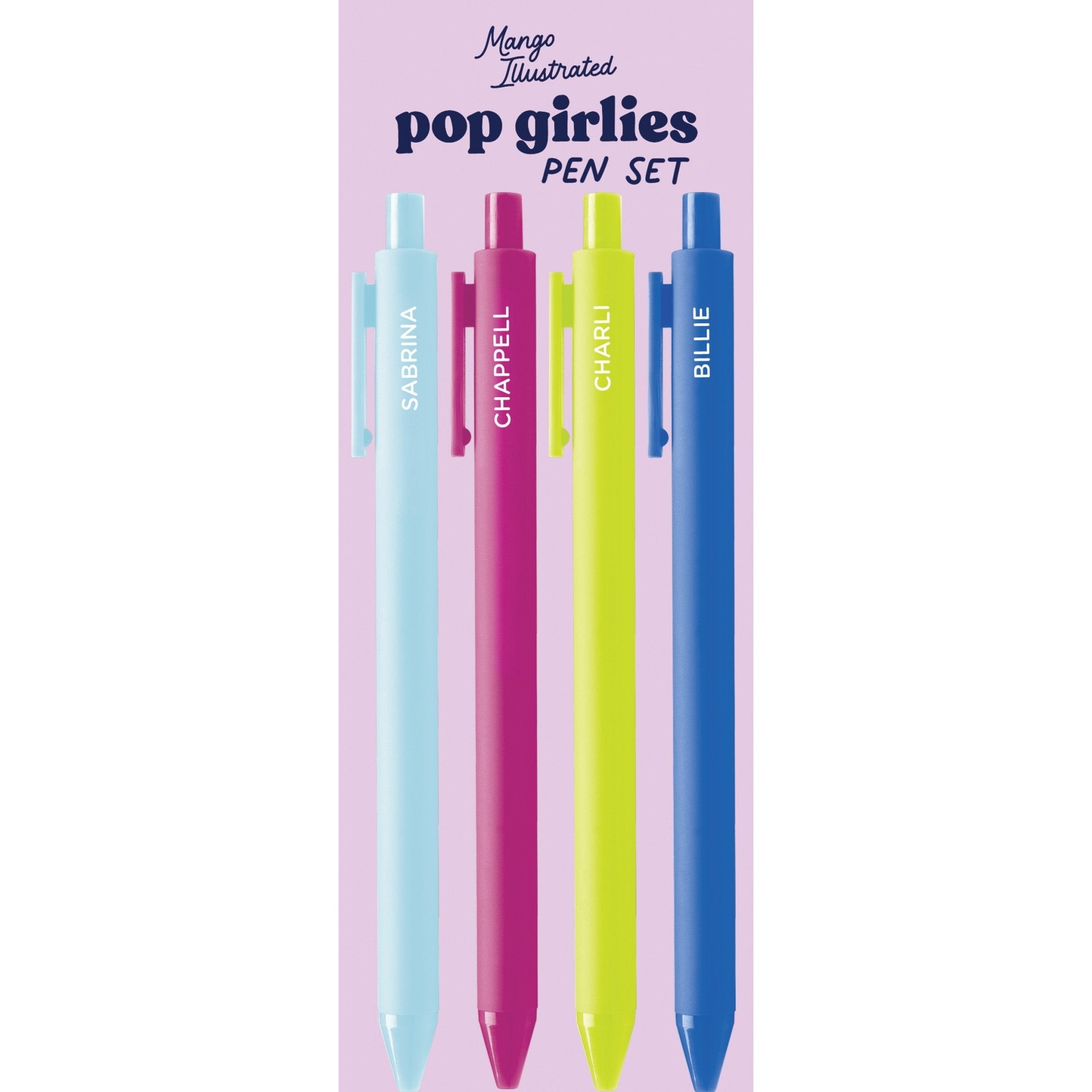Set of four colorful pop culture pens labeled “SABRINA” in light blue, “CHAPPELL” in hot pink, “CHARLI” in neon yellow, and “BILLIE” in electric blue.