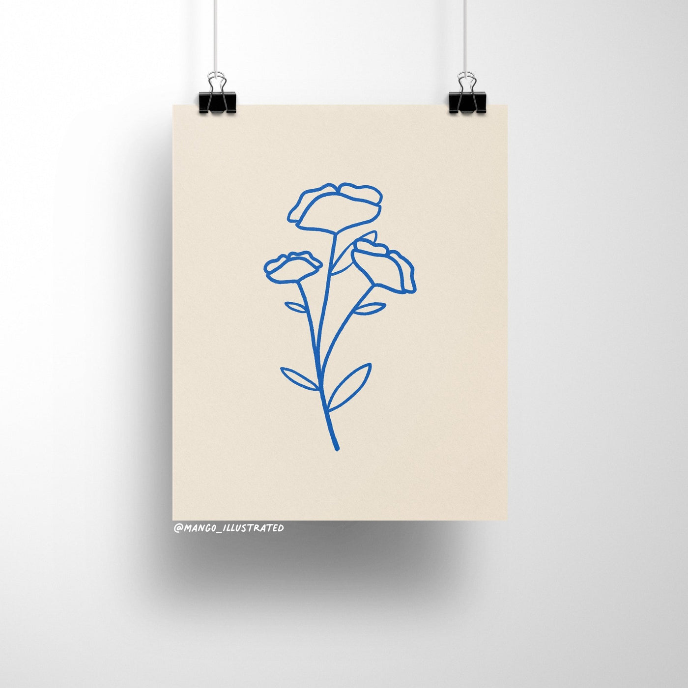8x10 art print of minimalist blue line art poppies on a neutral background, modern floral wall decor