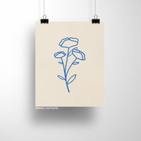 8x10 art print of minimalist blue line art poppies on a neutral background, modern floral wall decor
