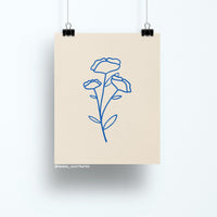 8x10 art print of minimalist blue line art poppies on a neutral background, modern floral wall decor