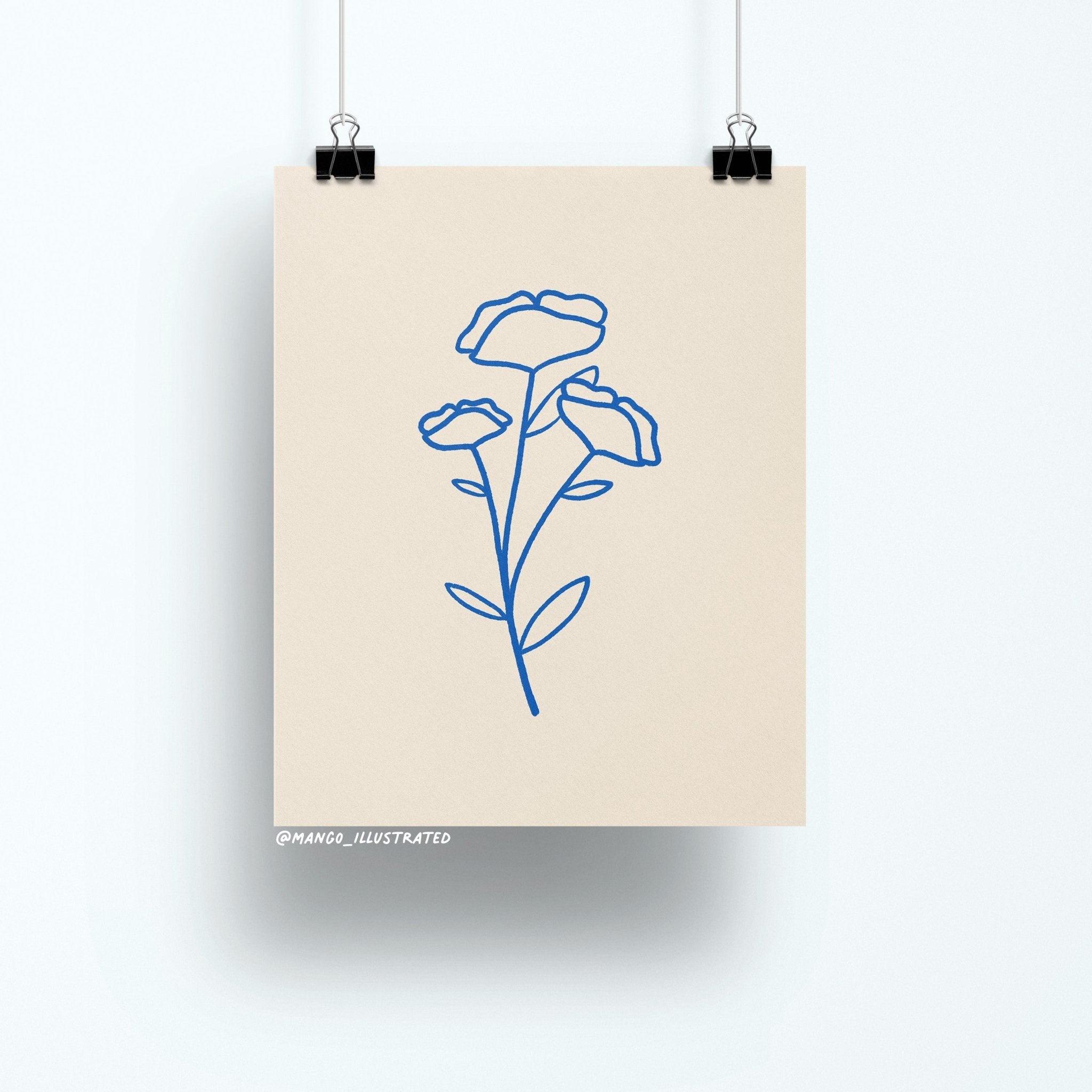 8x10 art print of minimalist blue line art poppies on a neutral background, modern floral wall decor