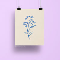 8x10 art print of minimalist blue line art poppies on a neutral background, modern floral wall decor