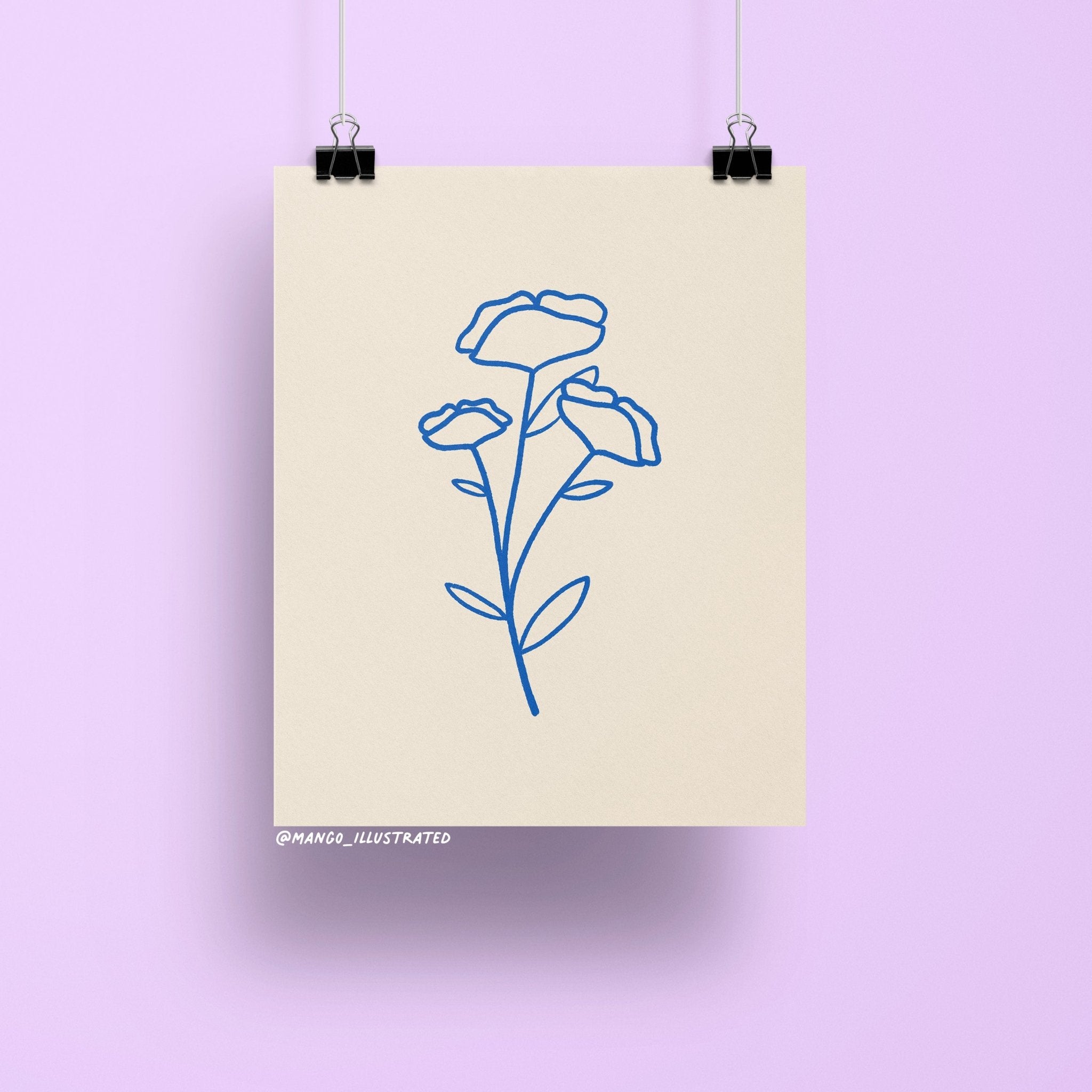 8x10 art print of minimalist blue line art poppies on a neutral background, modern floral wall decor