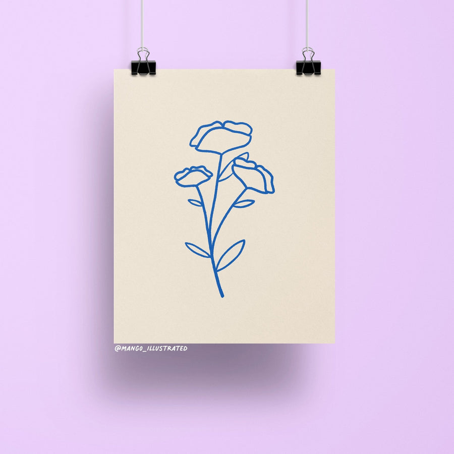 8x10 art print of minimalist blue line art poppies on a neutral background, modern floral wall decor