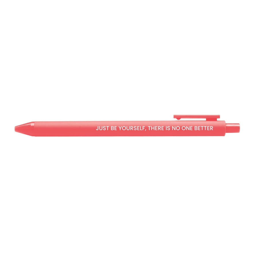 Neon coral pen with the motivational quote “Just be yourself, there is no one better” printed in white text.