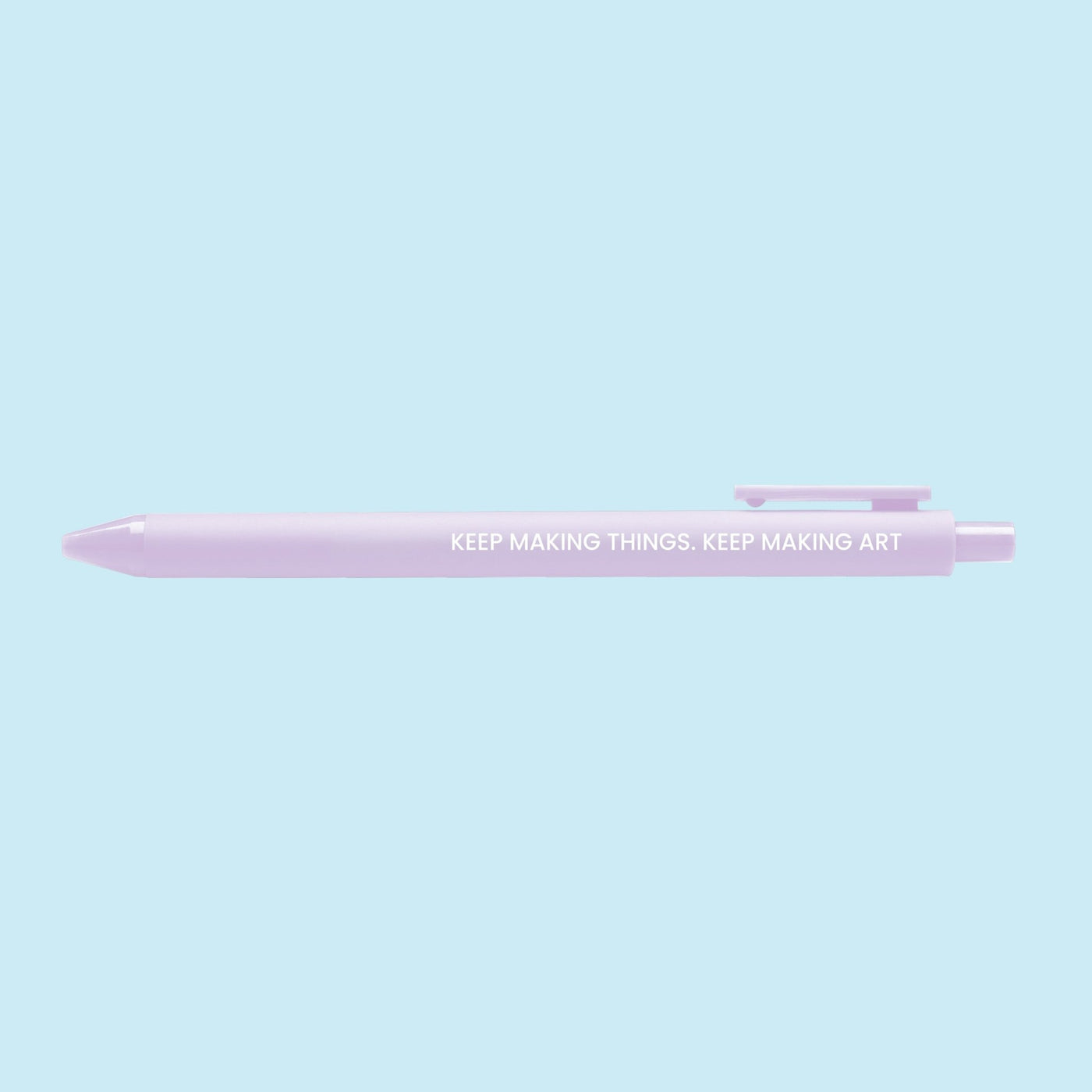 Lilac pen with the inspirational quote “Keep making things. Keep making art” printed in white.