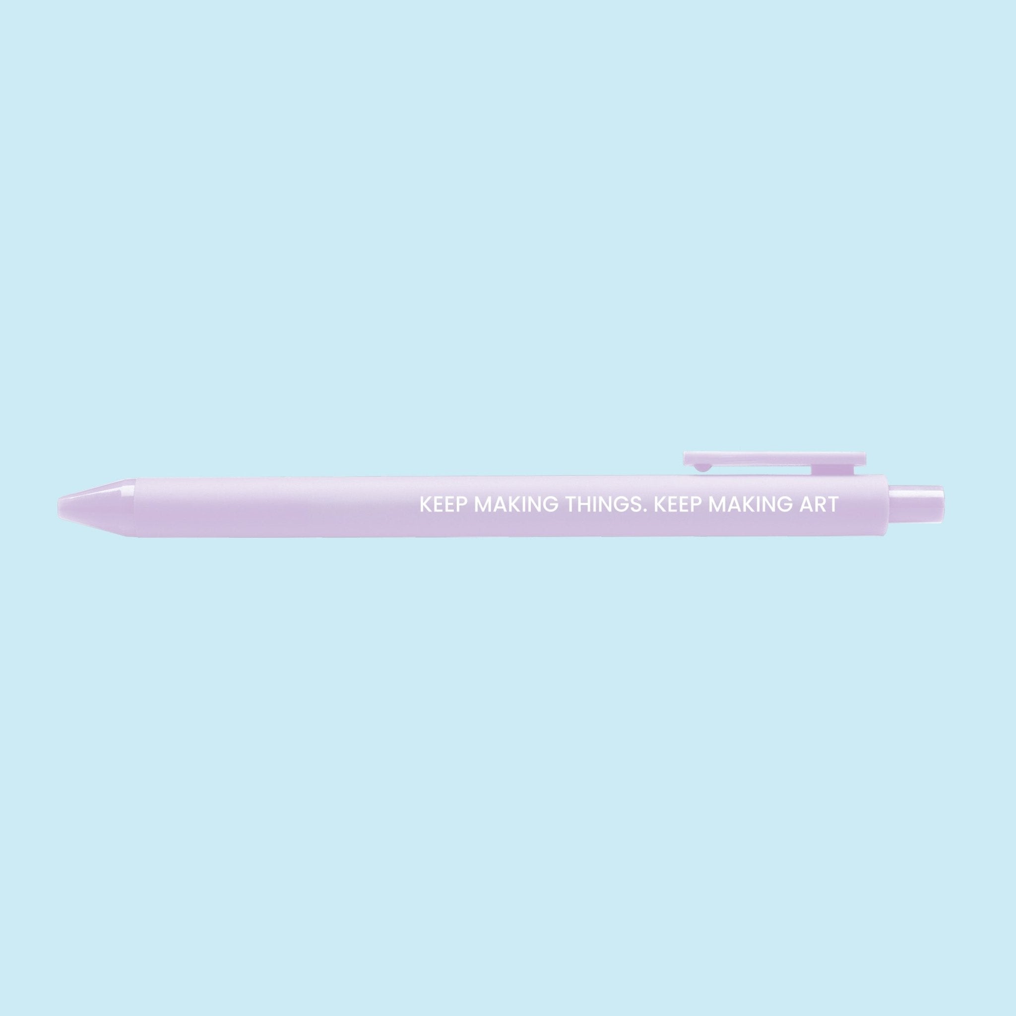 Lilac pen with the inspirational quote “Keep making things. Keep making art” printed in white.