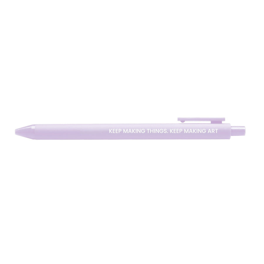 Lilac pen with the inspirational quote “Keep making things. Keep making art” printed in white.