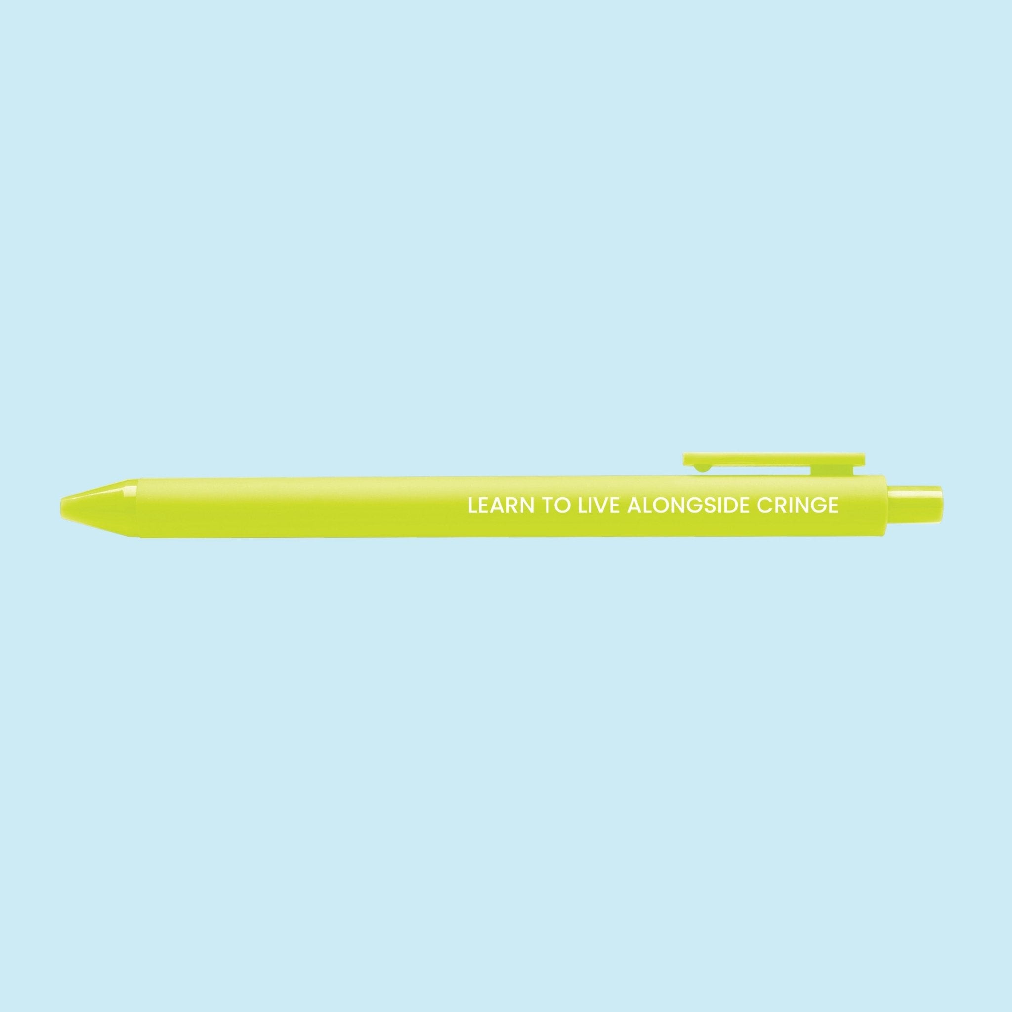 Citron pen with the inspirational quote “Learn to live alongside cringe” printed in white, inspired by Taylor's NYU speech.
