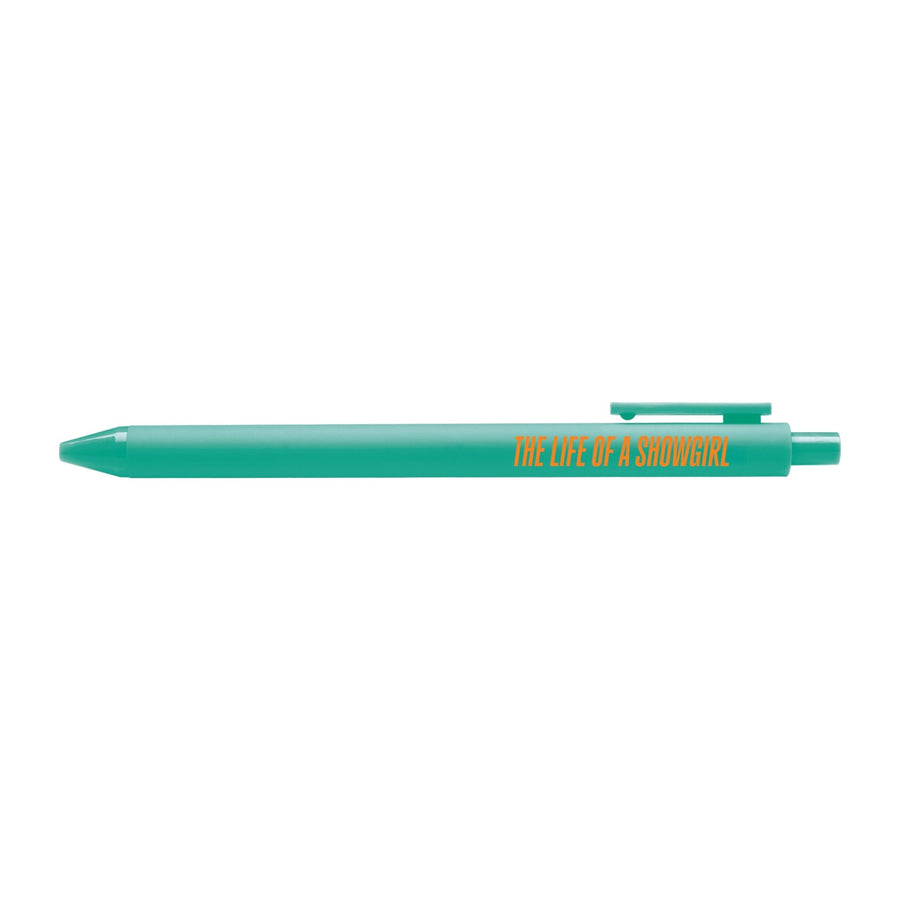 Teal pen with orange text reading "The Life of a Showgirl," pop star inspired stationery for Swifties and music lovers.