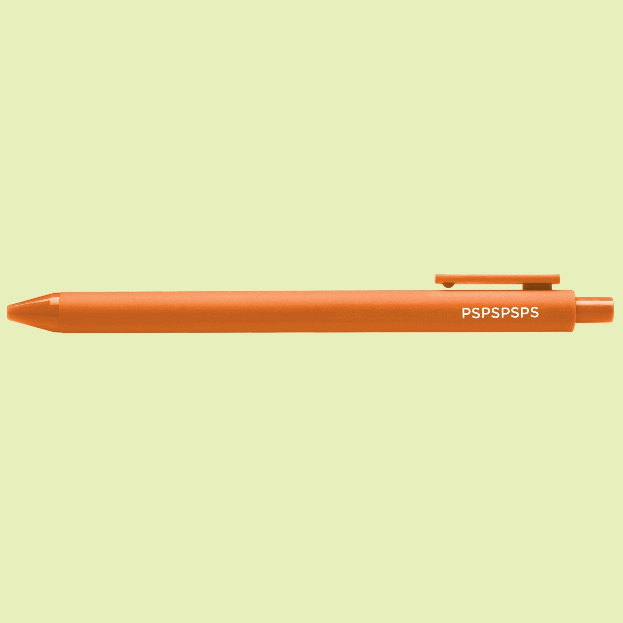 Orange pen with white "PSPSPSPS" text on a light green background