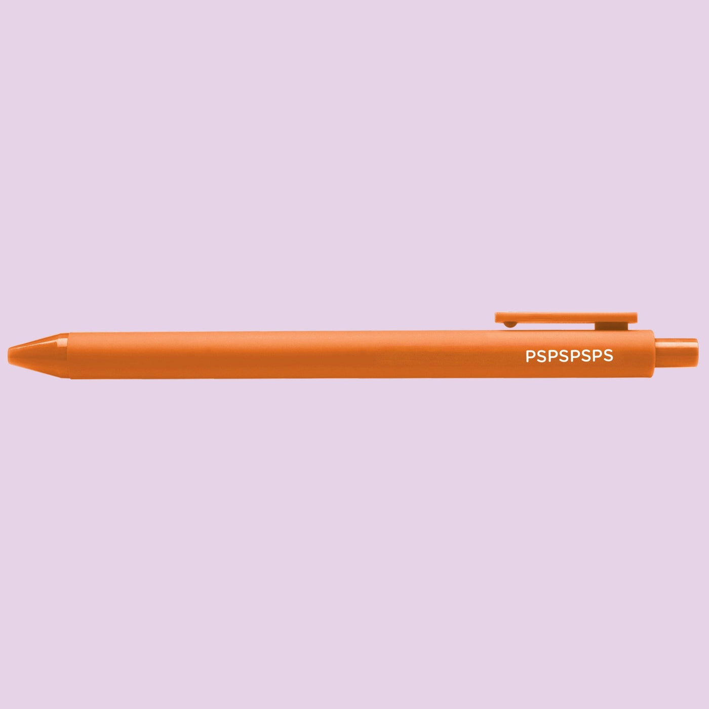 Orange pen with white "PSPSPSPS" text on a light purple background