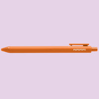 Orange pen with white "PSPSPSPS" text on a light purple background