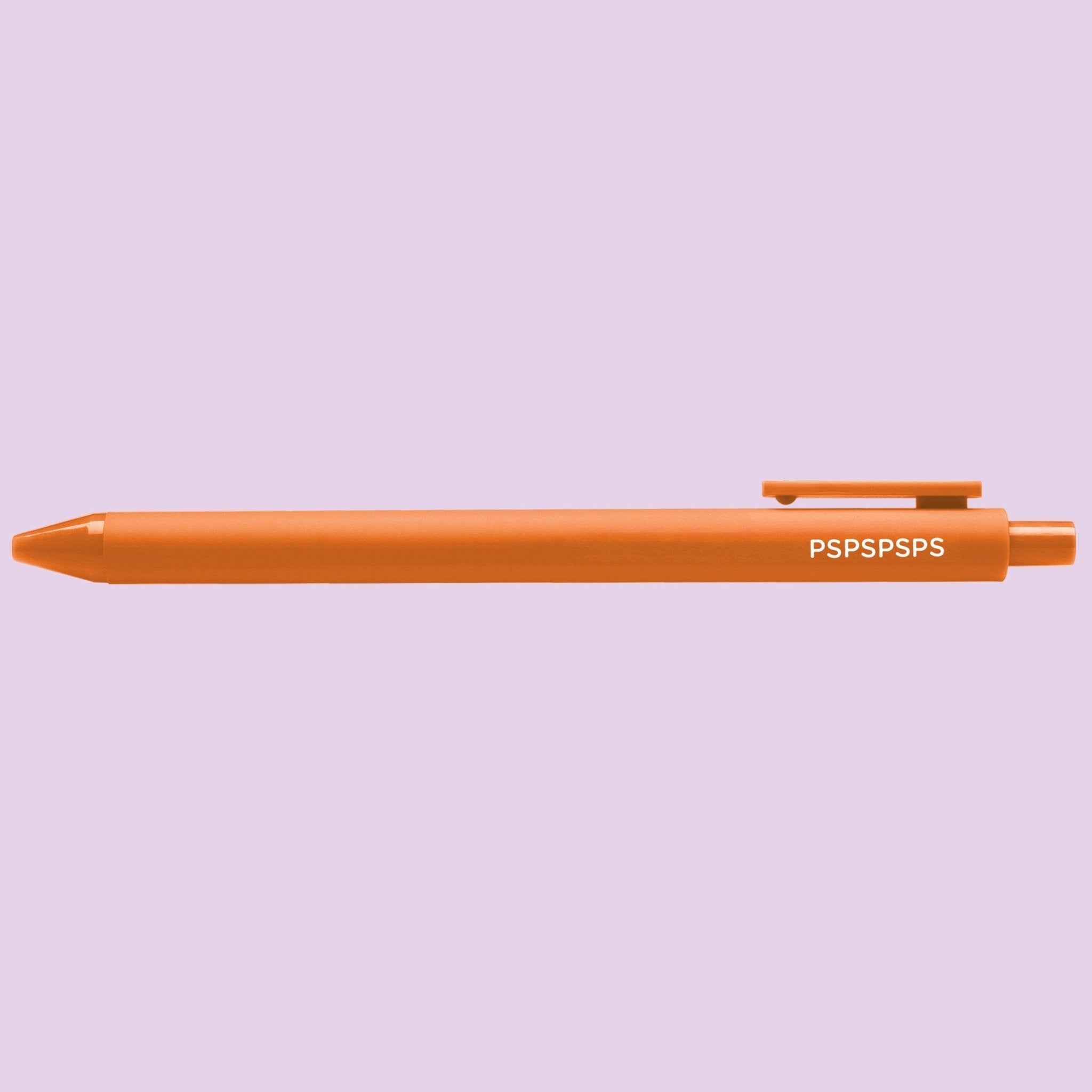 Orange pen with white "PSPSPSPS" text on a light purple background