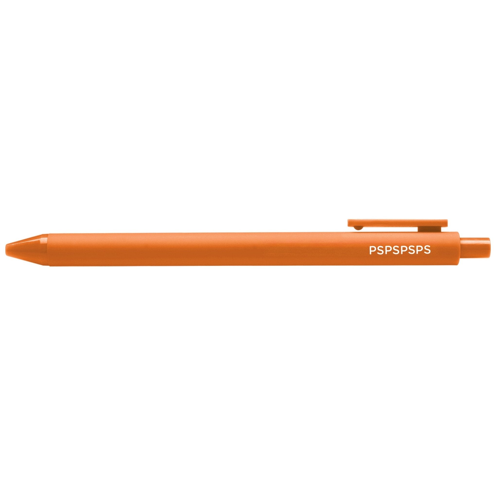 Orange pen with white "PSPSPSPS" text on a white background