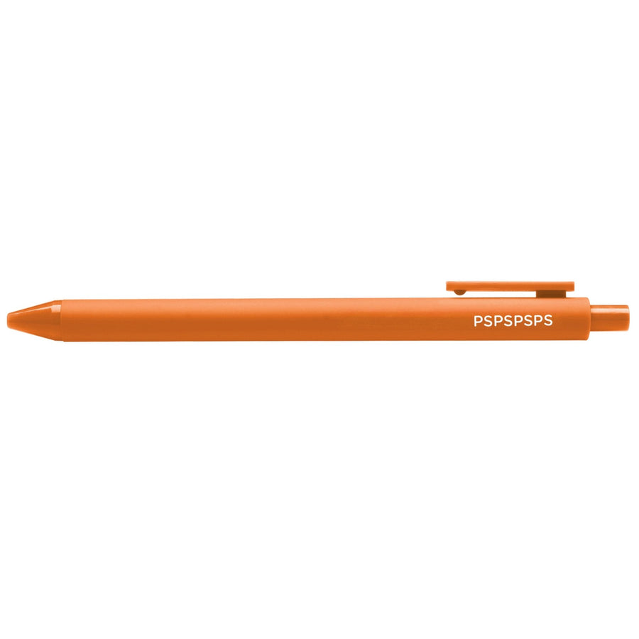 Orange pen with white "PSPSPSPS" text on a white background