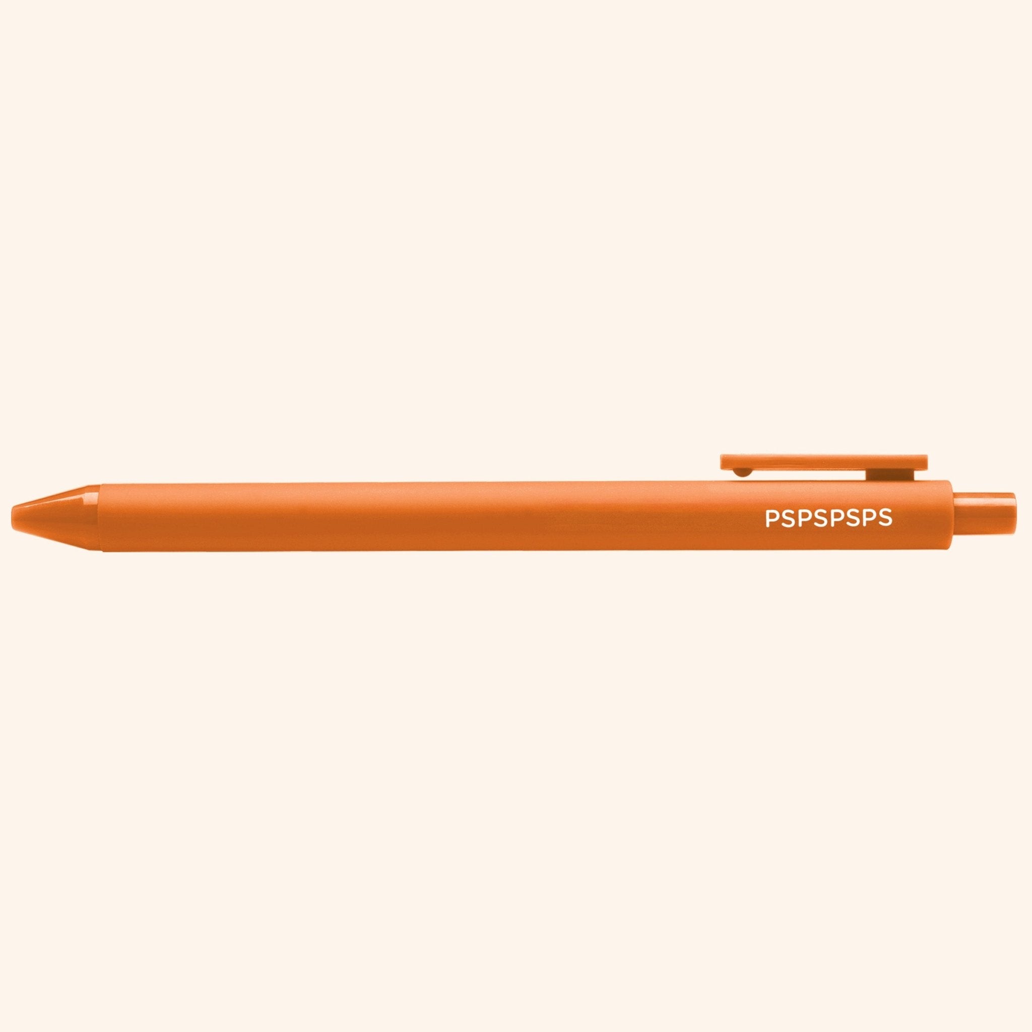 Orange pen with white "PSPSPSPS" text on a white background