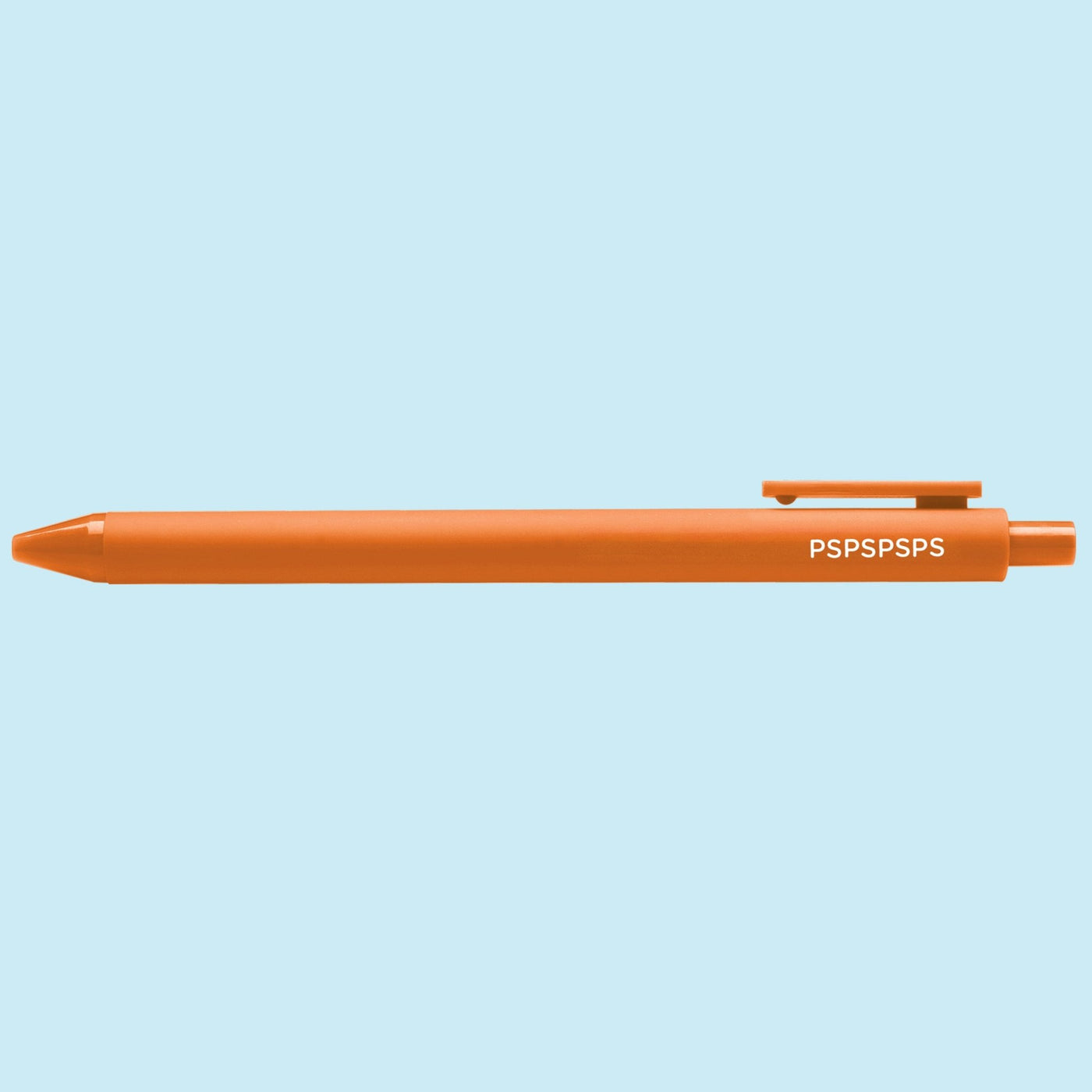 Orange pen with white "PSPSPSPS" text on a light blue background