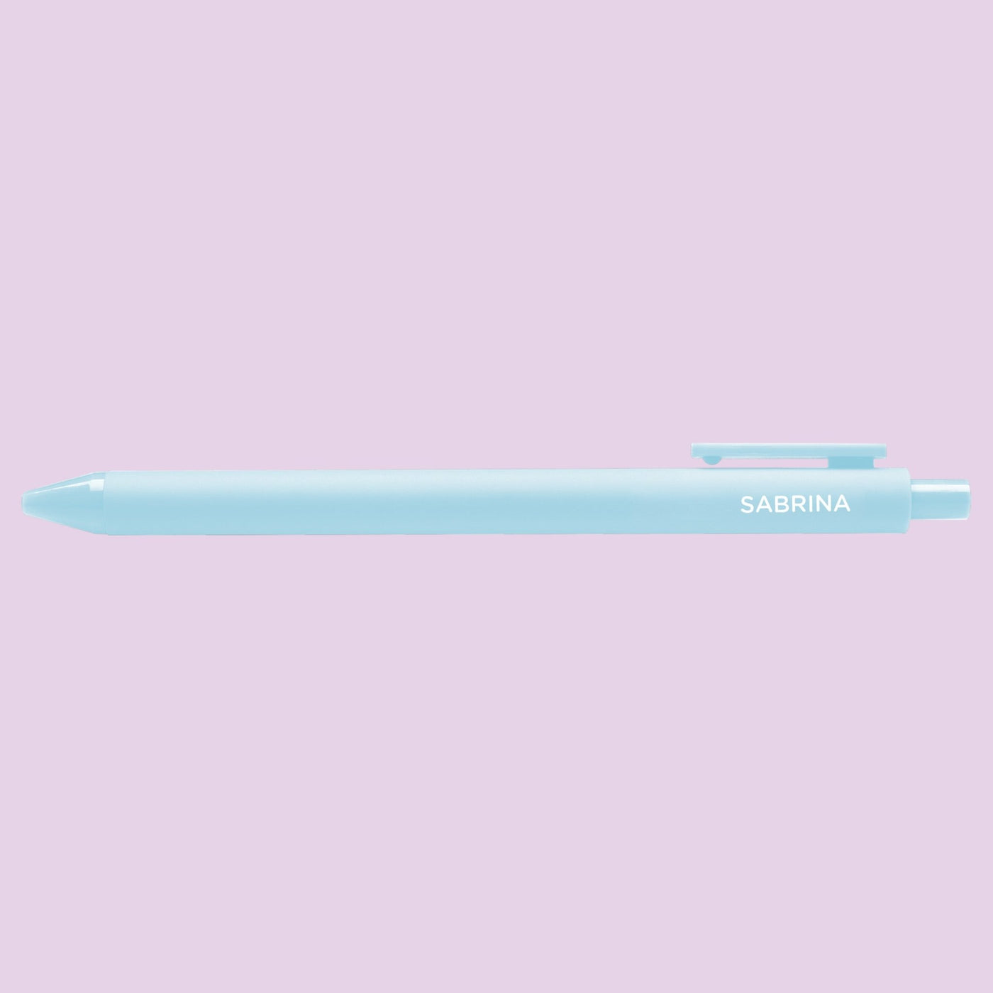 Light blue pen with 'Sabrina' text on a light purple background