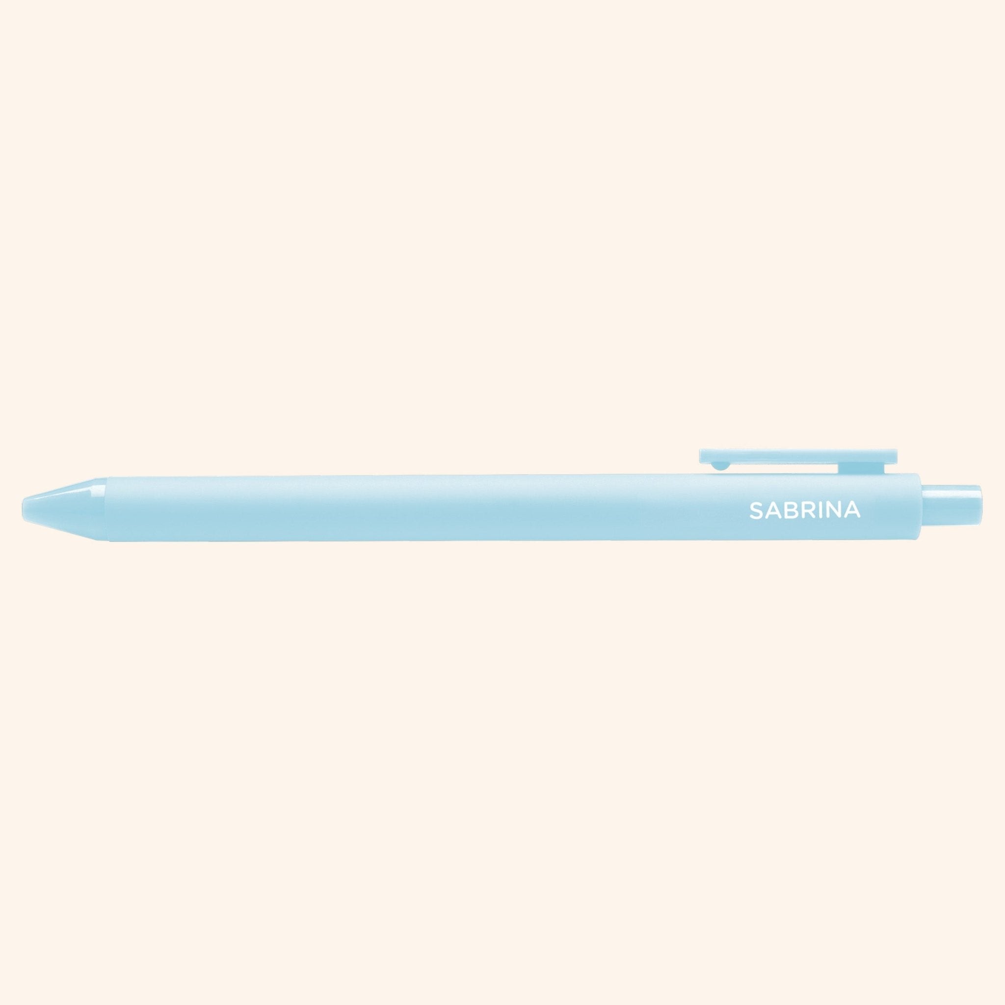 Light blue pen with 'Sabrina' text on a white background